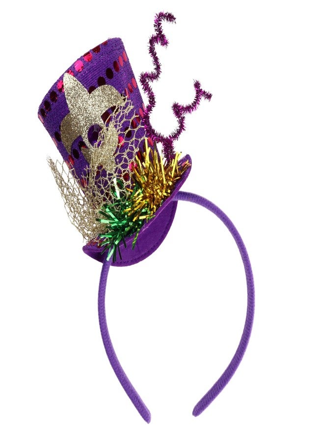 Needzo Purple Mardi Gras Top Hat Headband, Green and Yellow Glitter and Tinsel Details, Parade Hair Accessory, One Size Fits Most(Top Hat) - Image 1
